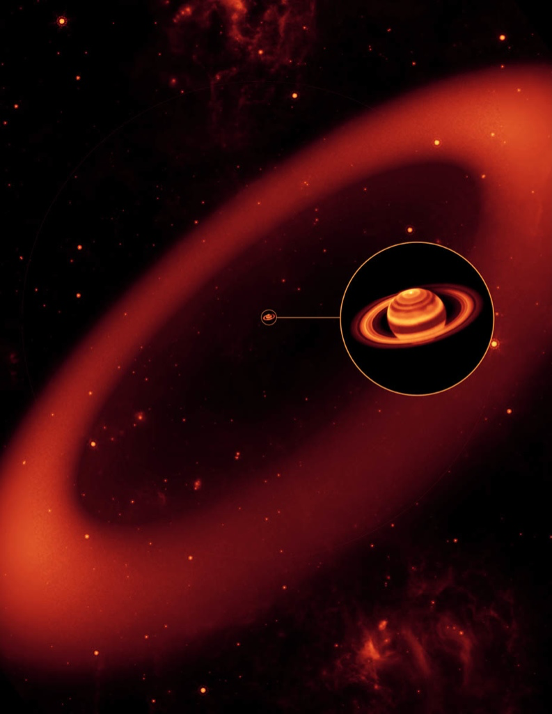 An artist's conception of how Saturn's immense Phoebe ring might appear to eyes sensitive to infrared wavelengths. An artist's conception of how Saturn's immense Phoebe ring might appear to eyes sensitive to infrared wavelengths.