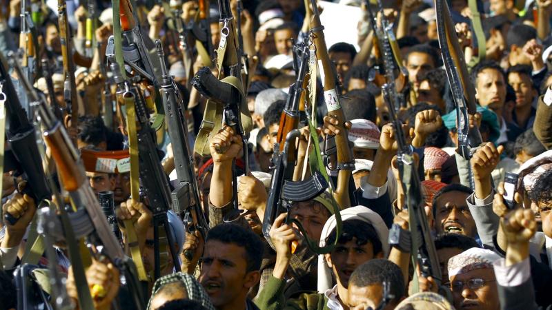 Supporters of the Shiite Houthi movement brandish weapons as they take part in a demonstration in Yemen's capital of Sanaa on Thursday, protesting the Saudi-led military "Decisive Storm" air campaign. Supporters of the Shiite Houthi movement brandish weapons as they take part in a demonstration in Yemen's capital of Sanaa on Thursday, protesting the Saudi-led military "Decisive Storm" air campaign.