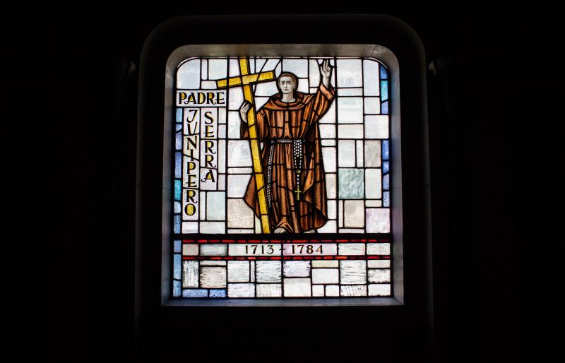 A stained-glass window depicting Father Junipero Serra in the Basilica Parish in Mission Dolores. A stained-glass window depicting Father Junipero Serra in the Basilica Parish in Mission Dolores.