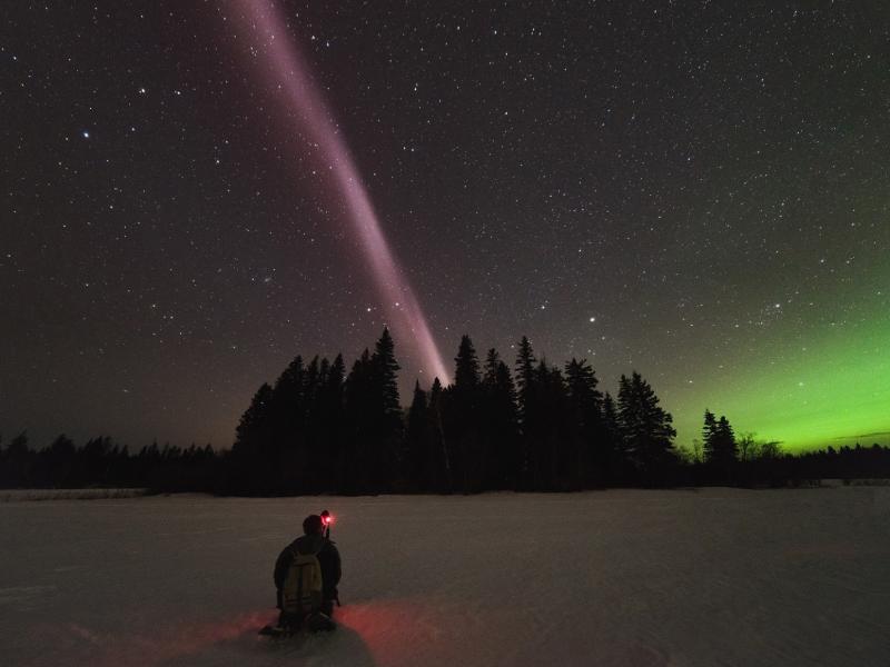 Alberta Aurora Chasers captured STEVE in April in British Columbia, Canada. STEVE is the narrow ribbon of white-purple hues overhead, and the vibrant green light on the right is an aurora located further north. Alberta Aurora Chasers captured STEVE in April in British Columbia, Canada. STEVE is the narrow ribbon of white-purple hues overhead, and the vibrant green light on the right is an aurora located further north.