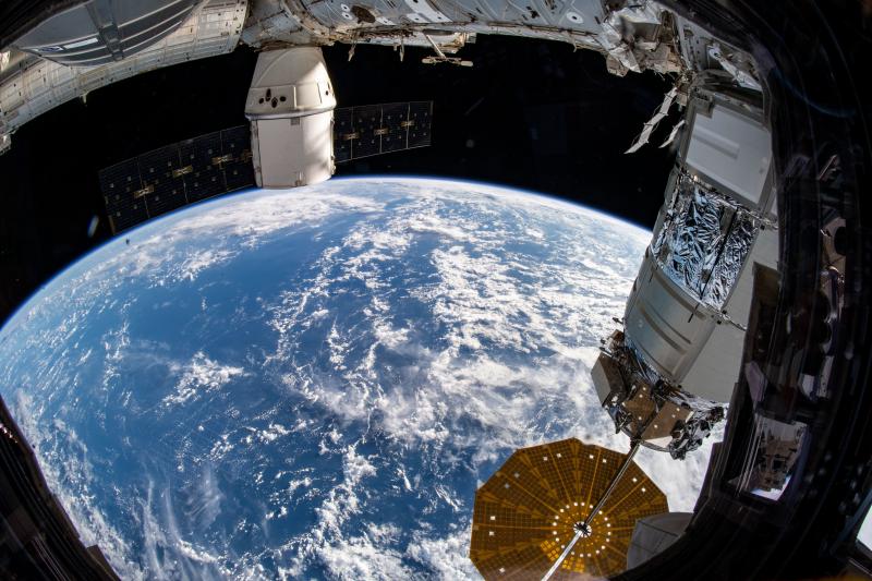 The SpaceX Dragon cargo spacecraft that ferried musclebound mice to the International Space Station and back can be seen at the top of this picture taken from the station on Dec. 20, 2019. The SpaceX Dragon cargo spacecraft that ferried musclebound mice to the International Space Station and back can be seen at the top of this picture taken from the station on Dec. 20, 2019.