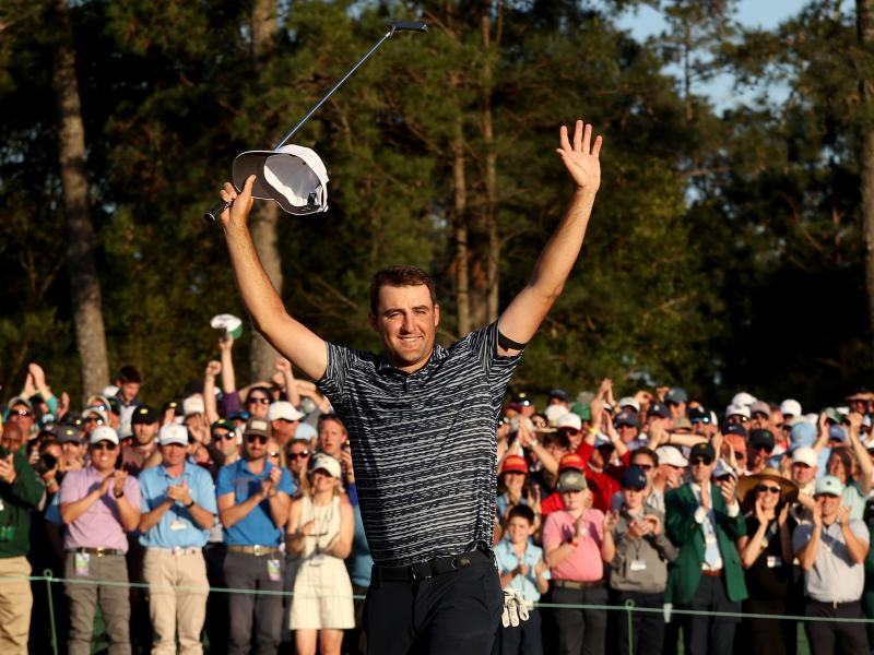 Scottie Scheffler celebrates winning the Masters at Augusta National Golf Club on Sunday in Augusta, Georgia. Scottie Scheffler celebrates winning the Masters at Augusta National Golf Club on Sunday in Augusta, Georgia.
