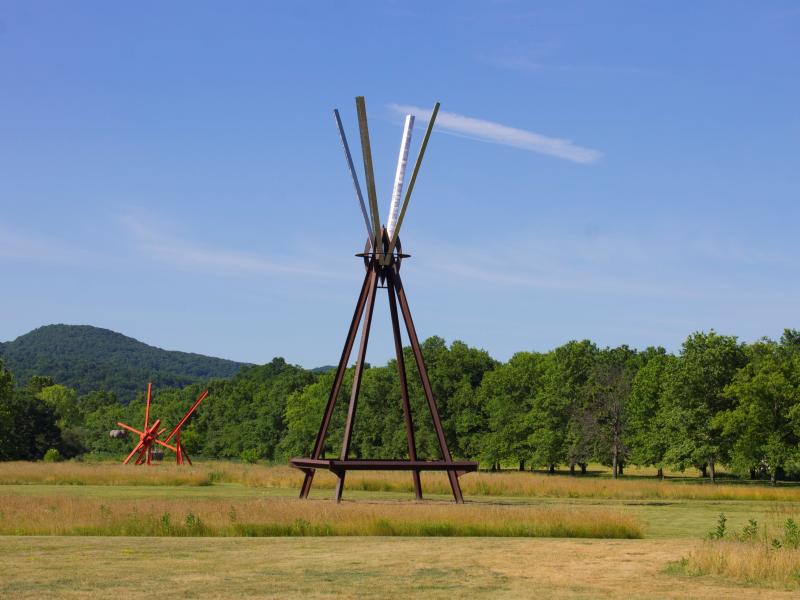 View of the south fields, all works by Mark di Suvero. Left to right: Figolu, 2005–11. Courtesy the artist and Spacetime C.C. E=MC2 , 1996-97. Courtesy the artist and Spacetime C.C. ©Mark di Suvero. View of the south fields, all works by Mark di Suvero. Left to right: Figolu, 2005–11. Courtesy the artist and Spacetime C.C. E=MC2 , 1996-97. Courtesy the artist and Spacetime C.C. ©Mark di Suvero.