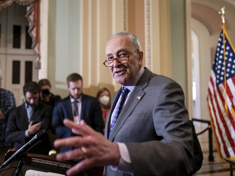 Senate Majority Leader Chuck Schumer answers questions from reporters on Capitol Hill ahead of a planned vote Wednesday on the Women's Health Protection Act. Senate Majority Leader Chuck Schumer answers questions from reporters on Capitol Hill ahead of a planned vote Wednesday on the Women's Health Protection Act.