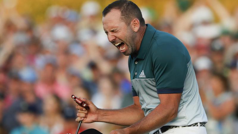 Sergio García of Spain reacts after making his birdie putt on the 18th green to win the Masters golf tournament after a playoff against Englishman Justin Rose on Sunday in Augusta, Ga. Sergio García of Spain reacts after making his birdie putt on the 18th green to win the Masters golf tournament after a playoff against Englishman Justin Rose on Sunday in Augusta, Ga.