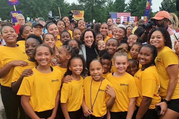 Kamala Harris poses with the Isiserettes, a legendary drill-and-drum team, at the Polk County Steak Fry in Iowa in 2019. Kamala Harris poses with the Isiserettes, a legendary drill-and-drum team, at the Polk County Steak Fry in Iowa in 2019.