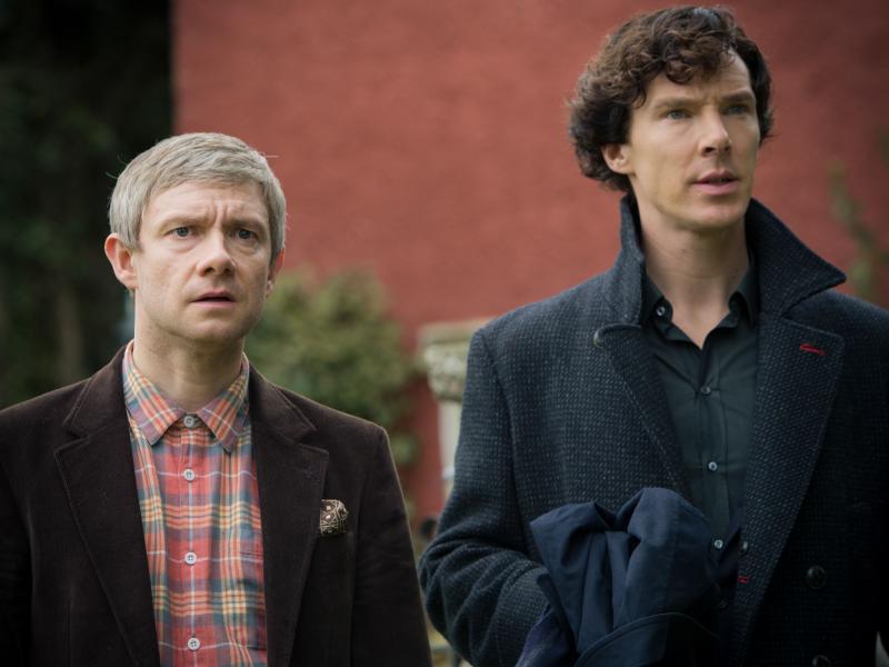 Benedict Cumberbatch, right, and Martin Freeman star as Sherlock Holmes and John Watson on the BBC's crime drama Sherlock. Benedict Cumberbatch, right, and Martin Freeman star as Sherlock Holmes and John Watson on the BBC's crime drama Sherlock.