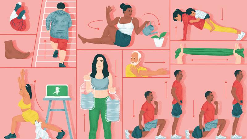 Add five-minute stints of fun and easy exercise to your day at home by working with what's around you, says trainer Molly McDonald. Add five-minute stints of fun and easy exercise to your day at home by working with what's around you, says trainer Molly McDonald.