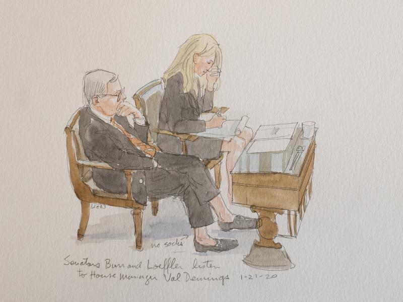 North Carolina Sen. Richard Burr with Georgia Republican Kelly Loeffler. "He caught my attention because he wasn't wearing socks. And he has very expensive loafers, or they seem that way. And so I did a sketch of him. And the next day, he had it as his pr North Carolina Sen. Richard Burr with Georgia Republican Kelly Loeffler. "He caught my attention because he wasn't wearing socks. And he has very expensive loafers, or they seem that way. And so I did a sketch of him. And the next day, he had it as his pr