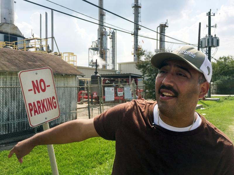 "If I smell something out here, it's bad, and I can tell you during Harvey, it smelled real bad," said Juan Flores in Galena Park, Texas, about a leak that caused strong gasoline odors to waft through town. "If I smell something out here, it's bad, and I can tell you during Harvey, it smelled real bad," said Juan Flores in Galena Park, Texas, about a leak that caused strong gasoline odors to waft through town.