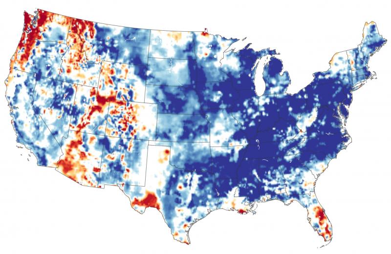 More precipitation fell in the continental U.S. in the 12 months ending in May 2019 than ever recorded. Records go back more than 120 years. Blue areas had more groundwater than usual for May. Orange and red areas had less. More precipitation fell in the continental U.S. in the 12 months ending in May 2019 than ever recorded. Records go back more than 120 years. Blue areas had more groundwater than usual for May. Orange and red areas had less.