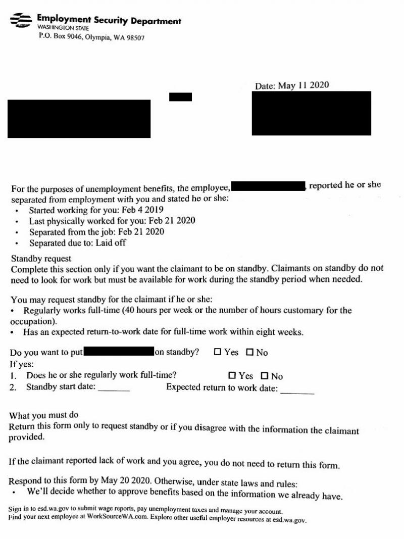 One of the unemployment claim notification letters sent to Washington state employers, which were often closed during the pandemic. Tens of thousands of claims are believed to be fraudulent. One of the unemployment claim notification letters sent to Washington state employers, which were often closed during the pandemic. Tens of thousands of claims are believed to be fraudulent.