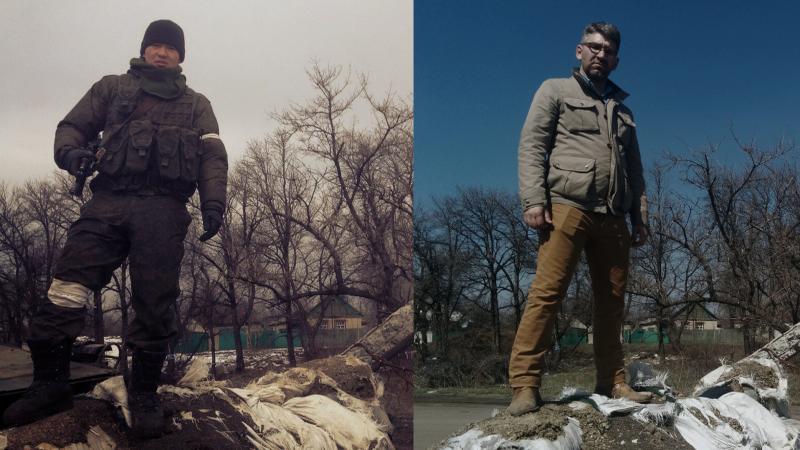 A soldier in the Russian army posed, rifle in hand, for a snapshot at a battlefield checkpoint. Simon Ostrovsky, at right, located the same spot in Vuhlehirsk, in Ukraine's Donetsk region. A soldier in the Russian army posed, rifle in hand, for a snapshot at a battlefield checkpoint. Simon Ostrovsky, at right, located the same spot in Vuhlehirsk, in Ukraine's Donetsk region.