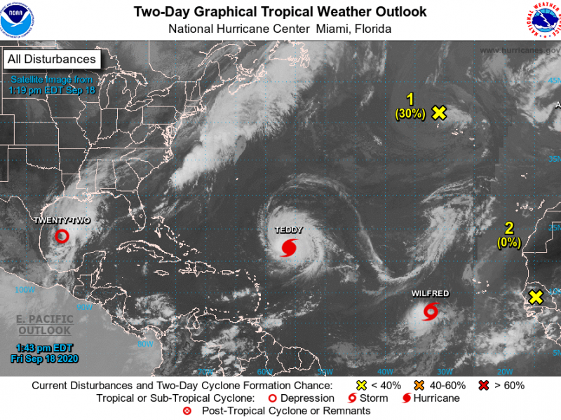 Satellite images of storms forming in the Atlantic Ocean. Tropical Storm Wilfred is the last named storm of the 2020 season using the English alphabet. Satellite images of storms forming in the Atlantic Ocean. Tropical Storm Wilfred is the last named storm of the 2020 season using the English alphabet.