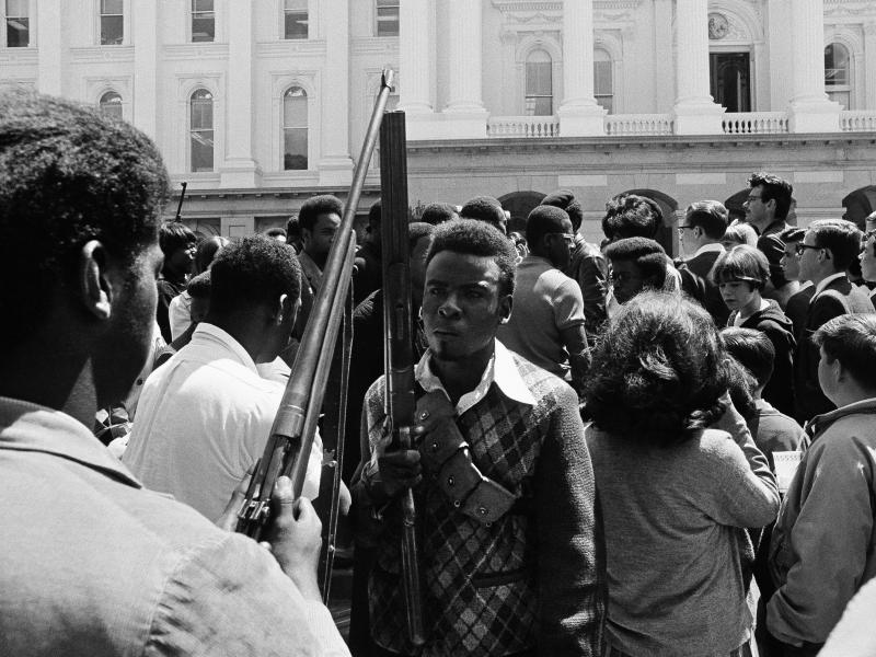 Armed members of the Black Panther Party leave the Capitol in Sacramento May 2, 1967. The Panthers entered the Capitol fully armed and said they were protesting a bill before the Legislature restricting the carrying of arms in public. Armed members of the Black Panther Party leave the Capitol in Sacramento May 2, 1967. The Panthers entered the Capitol fully armed and said they were protesting a bill before the Legislature restricting the carrying of arms in public.