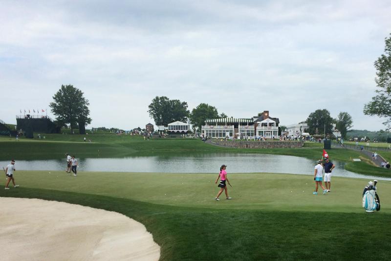 Golfers work on the 16th green during a practice round Wednesday at Trump National Golf Club in Bedminster, N.J. The U.S. Women's Open Golf Championship starts there today. Golfers work on the 16th green during a practice round Wednesday at Trump National Golf Club in Bedminster, N.J. The U.S. Women's Open Golf Championship starts there today.