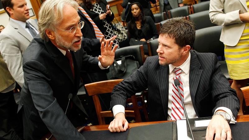 Neil Portnow (left), president and CEO of The Recording Academy, talks with Lee Thomas Miller, head of the Nashville Songwriters Association International, at a music licensing hearing in 2014. Neil Portnow (left), president and CEO of The Recording Academy, talks with Lee Thomas Miller, head of the Nashville Songwriters Association International, at a music licensing hearing in 2014.