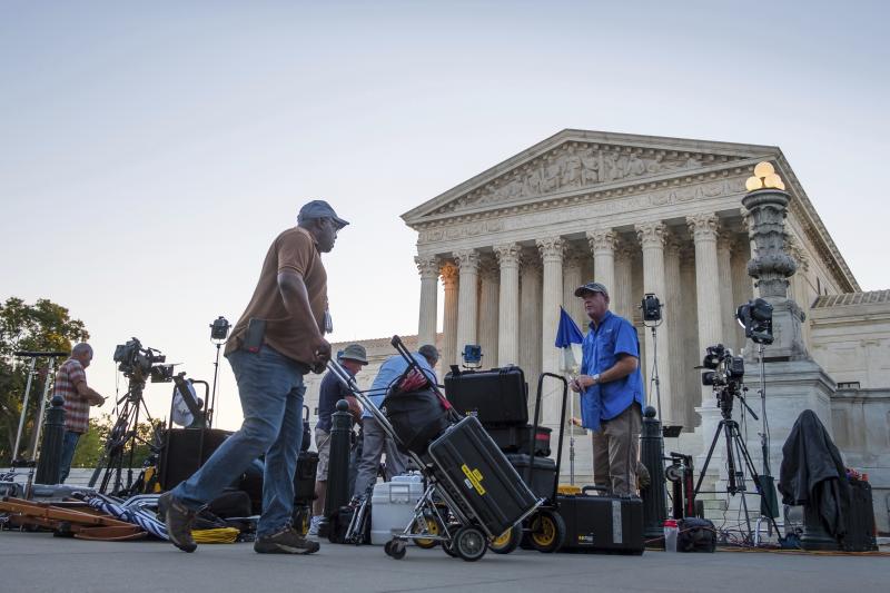 News crews set up in front of the Supreme Court early Monday morning in Washington, D.C. President Trump is expected to announce his choice for Supreme Court justice Monday evening. News crews set up in front of the Supreme Court early Monday morning in Washington, D.C. President Trump is expected to announce his choice for Supreme Court justice Monday evening.