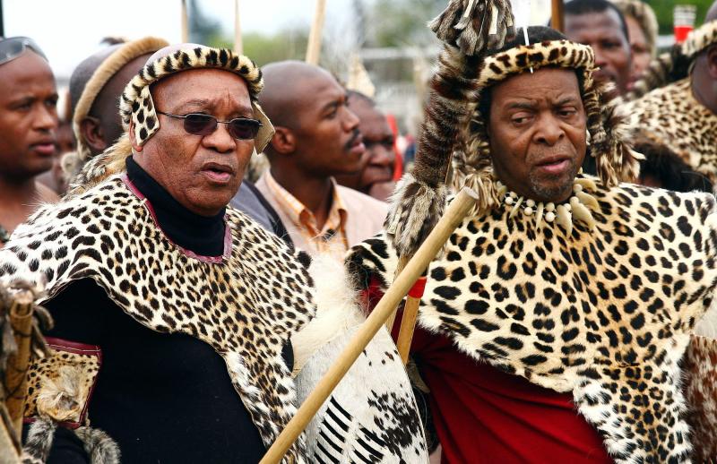 Jacob Zuma (left) — then the president of the African National Congress party, and today the president of South Africa — joins Zulu King Goodwill Zwelithini (right) in 2008 to honor the birth of King Shaka, the founder of the Zulu nation. Jacob Zuma (left) — then the president of the African National Congress party, and today the president of South Africa — joins Zulu King Goodwill Zwelithini (right) in 2008 to honor the birth of King Shaka, the founder of the Zulu nation.