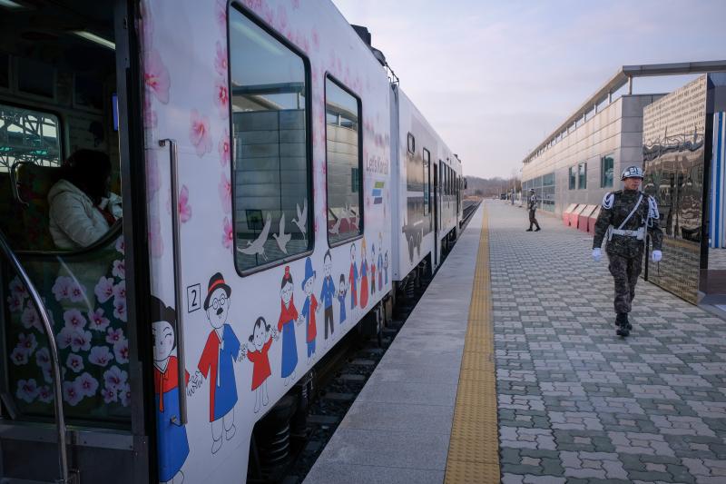 The DMZ train sits at the Dorasan Station, just south of the inter-Korean border. The DMZ train sits at the Dorasan Station, just south of the inter-Korean border.