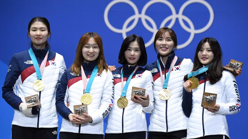 South Korean gold medalist Shim Suk-hee (far left), shown with her relay teammates during the 2018 Winter Olympics in Pyeongchang, South Korea, accused her former coach of repeated sexual assault. South Korean gold medalist Shim Suk-hee (far left), shown with her relay teammates during the 2018 Winter Olympics in Pyeongchang, South Korea, accused her former coach of repeated sexual assault.