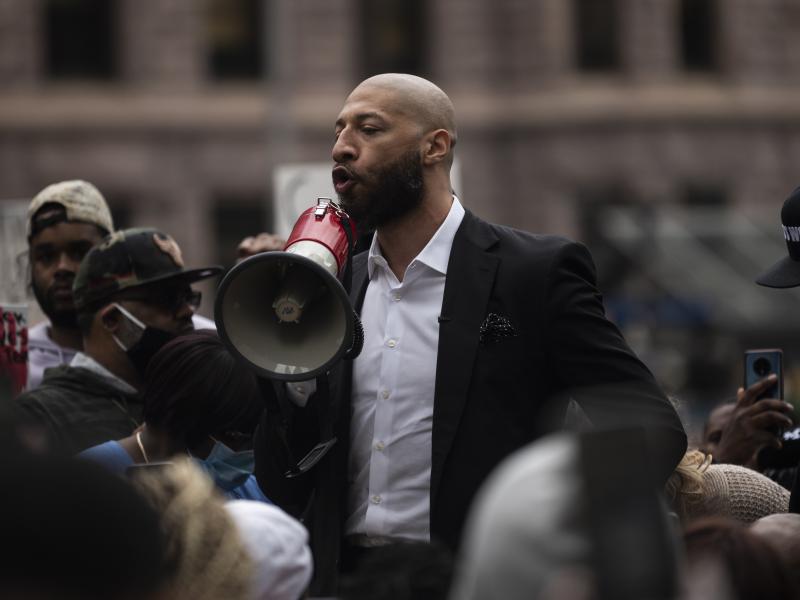 Former NBA player Royce White speaks out during a protest Friday in Minneapolis. White, a Minnesota native, joined former NBA player Stephen Jackson in calling for the prosecution of officers in George Floyd's killing. Former NBA player Royce White speaks out during a protest Friday in Minneapolis. White, a Minnesota native, joined former NBA player Stephen Jackson in calling for the prosecution of officers in George Floyd's killing.