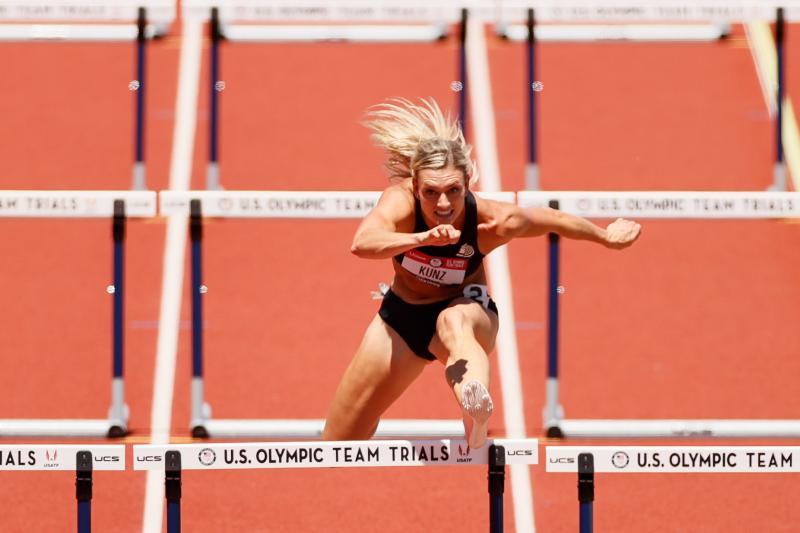 Annie Kunz in the women's heptathlon 100-meter hurdles during the Olympic trials in Eugene, Ore., in June. Building her training regimen around recent findings from sex-specific sports medicine research has made a difference in her performance, says Kunz, Annie Kunz in the women's heptathlon 100-meter hurdles during the Olympic trials in Eugene, Ore., in June. Building her training regimen around recent findings from sex-specific sports medicine research has made a difference in her performance, says Kunz,