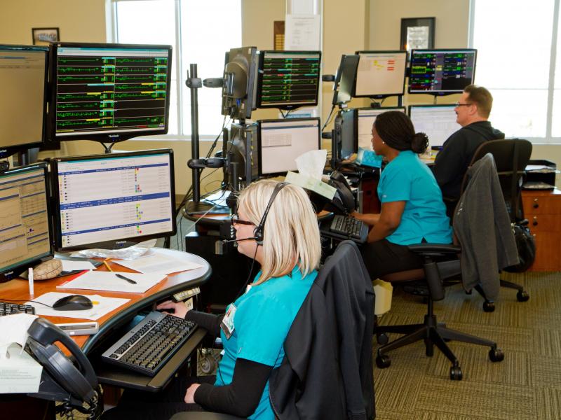 Registered nurses Cassie Gregor (from left), Camellia Douglas and Mike Montalto monitor patients in intensive care units scattered around North Carolina. Registered nurses Cassie Gregor (from left), Camellia Douglas and Mike Montalto monitor patients in intensive care units scattered around North Carolina.