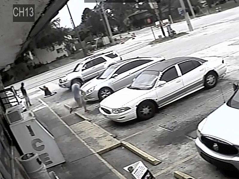 In surveillance video, an unarmed black man Markeis McGlockton (far left) is shot by Michael Drejka, who is white, during an altercation a the parking lot in Clearwater, Fla., in July 2018. In surveillance video, an unarmed black man Markeis McGlockton (far left) is shot by Michael Drejka, who is white, during an altercation a the parking lot in Clearwater, Fla., in July 2018.