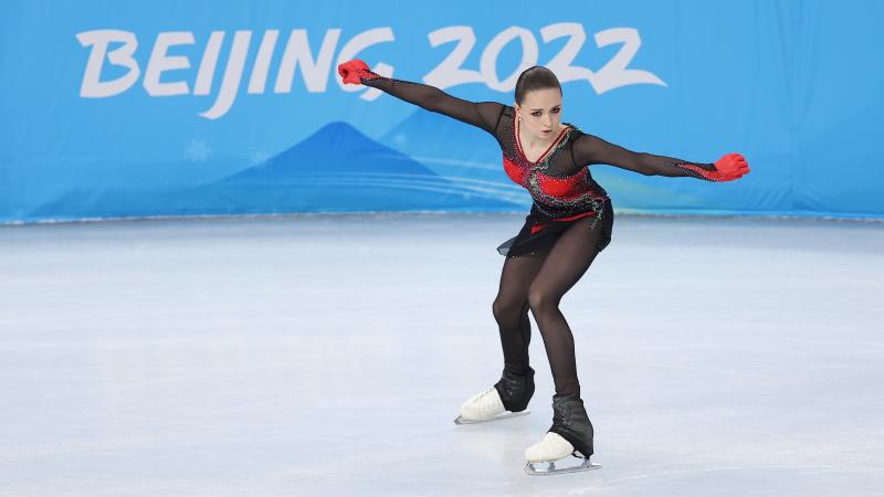 Kamila Valieva of Team ROC skates during the Women Single Skating Team Event on day three of the Beijing 2022 Winter Olympic Games at Capital Indoor Stadium on February 07, 2022. Kamila Valieva of Team ROC skates during the Women Single Skating Team Event on day three of the Beijing 2022 Winter Olympic Games at Capital Indoor Stadium on February 07, 2022.