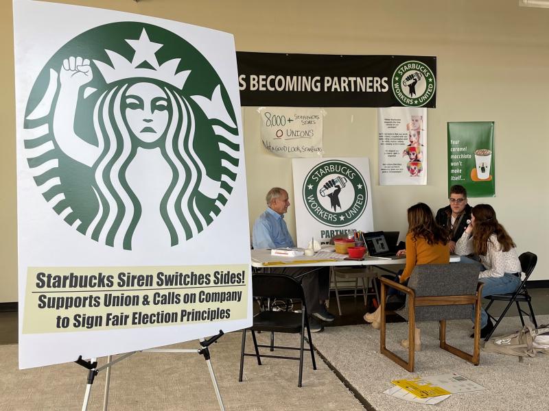 Starbucks workers and organizers in Buffalo, N.Y., discuss efforts to unionize three local stores on Oct. 28. Starbucks workers and organizers in Buffalo, N.Y., discuss efforts to unionize three local stores on Oct. 28.