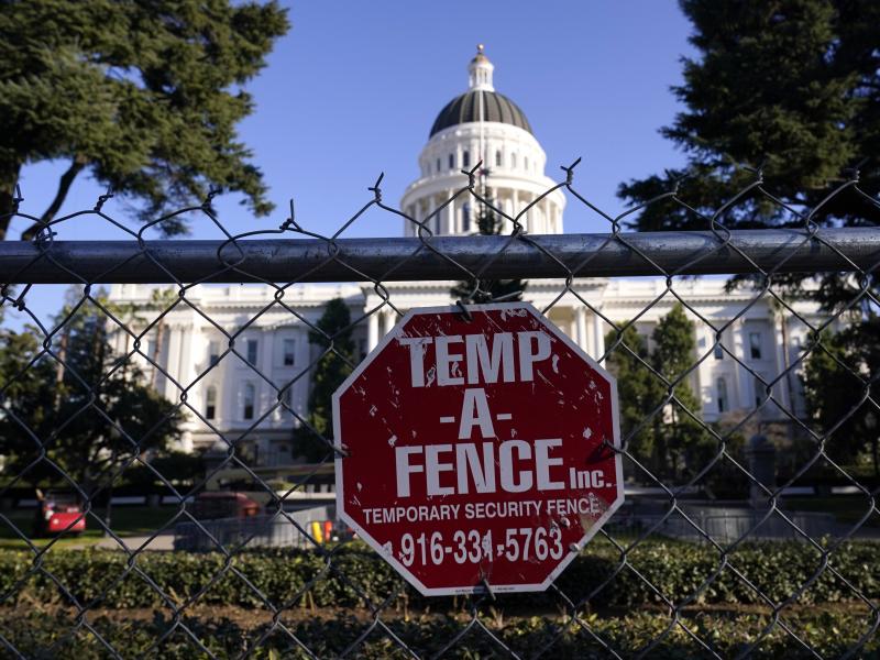 A temporary 6-foot-high chain-link fence now surrounds California's state Capitol. Gov. Gavin Newsom said Thursday, "Let me be clear: There will be no tolerance for violence." A temporary 6-foot-high chain-link fence now surrounds California's state Capitol. Gov. Gavin Newsom said Thursday, "Let me be clear: There will be no tolerance for violence."