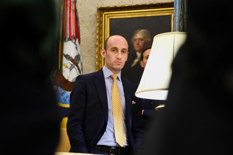 Senior White House policy adviser Stephen Miller watches President Donald Trump speak in the Oval Office. Emails leaked to the Southern Poverty Law Center appear to reveal Miller's familiarity with white nationalist texts and thinkers. Senior White House policy adviser Stephen Miller watches President Donald Trump speak in the Oval Office. Emails leaked to the Southern Poverty Law Center appear to reveal Miller's familiarity with white nationalist texts and thinkers.