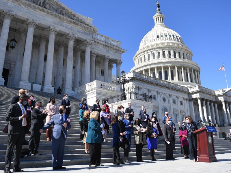 House Speaker Nancy Pelosi (right) speaks outside the U.S. Capitol in March with other members of the U.S. House of Representatives, the size of which has stayed at 435 voting members for decades. House Speaker Nancy Pelosi (right) speaks outside the U.S. Capitol in March with other members of the U.S. House of Representatives, the size of which has stayed at 435 voting members for decades.