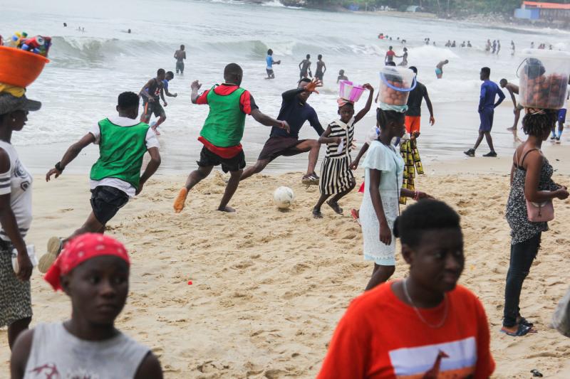 Soccer on the sand of Lumley Beach is a big Sunday pastime in Freetown, Sierra Leone. Pick-up games run up and down the shoreline. Soccer on the sand of Lumley Beach is a big Sunday pastime in Freetown, Sierra Leone. Pick-up games run up and down the shoreline.