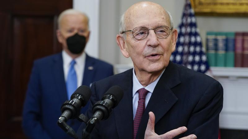 Supreme Court Justice Stephen Breyer speaks as he announces his retirement in the Roosevelt Room of the White House on Thursday as President Biden looks on. Supreme Court Justice Stephen Breyer speaks as he announces his retirement in the Roosevelt Room of the White House on Thursday as President Biden looks on.