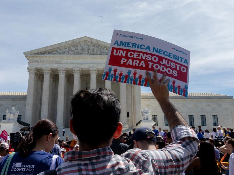 Protesters carrying signs about the census gather outside the U.S. Supreme Court in 2019. Immigrant rights advocates have vowed to continue fighting President Trump's proposal. Protesters carrying signs about the census gather outside the U.S. Supreme Court in 2019. Immigrant rights advocates have vowed to continue fighting President Trump's proposal.