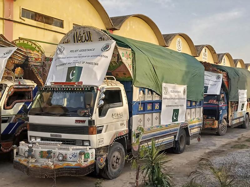 In this photo released by Pakistan's National Disaster Management Authority, a convoy of trucks carrying relief goods prepare to leave for Afghanistan at a warehouse in Islamabad, Pakistan, Thursday, June 23, 2022. In this photo released by Pakistan's National Disaster Management Authority, a convoy of trucks carrying relief goods prepare to leave for Afghanistan at a warehouse in Islamabad, Pakistan, Thursday, June 23, 2022.