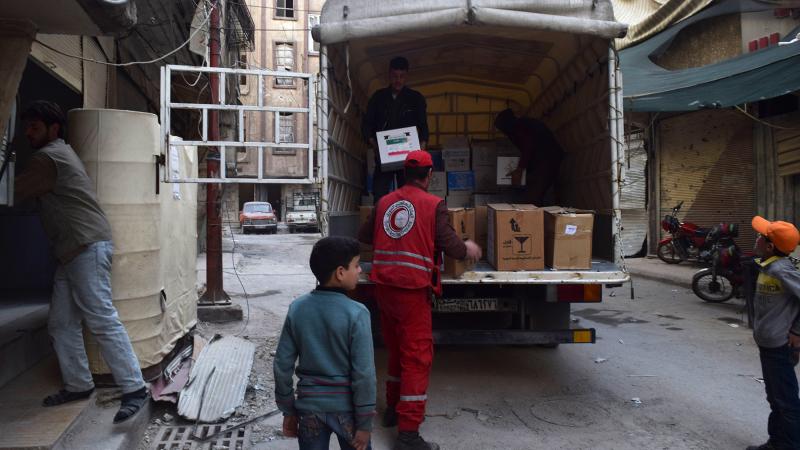 A U.N. convoy carrying aid enters Douma, a besieged town in eastern Ghouta, Syria in March. A U.N. convoy carrying aid enters Douma, a besieged town in eastern Ghouta, Syria in March.