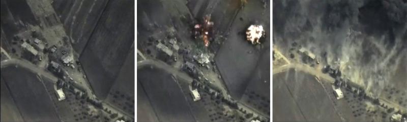 A combination of images taken from footage released by Russia's Defense Ministry shows a mountainous area in Syria before, during and after an airstrike Wednesday. Russia is being criticized for attacking groups other than ISIS militants. A combination of images taken from footage released by Russia's Defense Ministry shows a mountainous area in Syria before, during and after an airstrike Wednesday. Russia is being criticized for attacking groups other than ISIS militants.