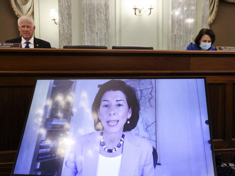 Rhode Island Gov. Gina Raimondo appears through video conferencing Tuesday during a Senate hearing for her nomination as the secretary for the Commerce Department, which oversees the U.S. Census Bureau. Rhode Island Gov. Gina Raimondo appears through video conferencing Tuesday during a Senate hearing for her nomination as the secretary for the Commerce Department, which oversees the U.S. Census Bureau.