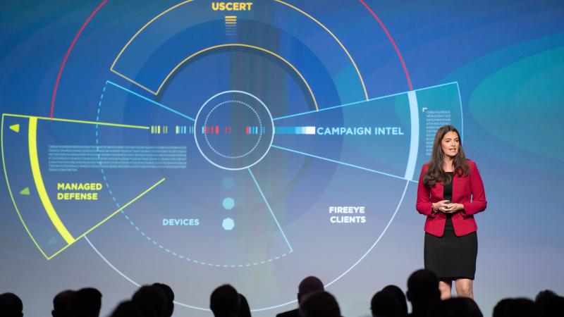 Sandra Joyce, the head of global intelligence at the cybersecurity firm FireEye, speaks at the company's Cyber Defense Summit in 2018. Private tech companies are increasingly taking the lead in reporting information about suspected attacks by foreign acto Sandra Joyce, the head of global intelligence at the cybersecurity firm FireEye, speaks at the company's Cyber Defense Summit in 2018. Private tech companies are increasingly taking the lead in reporting information about suspected attacks by foreign acto
