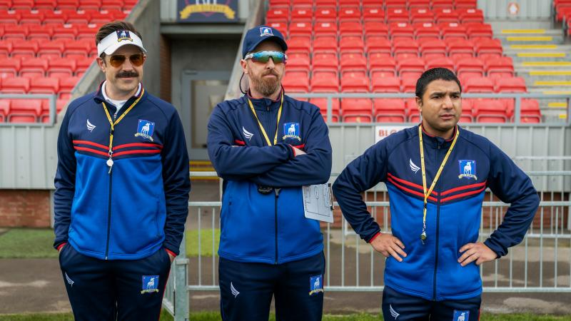 Jason Sudeikis, Brendan Hunt and Nick Mohammed in Ted Lasso. Jason Sudeikis, Brendan Hunt and Nick Mohammed in Ted Lasso.