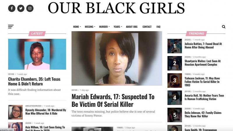 Created in 2018, the Our Black Girls website centers the stories of missing Black girls and women. Created in 2018, the Our Black Girls website centers the stories of missing Black girls and women.