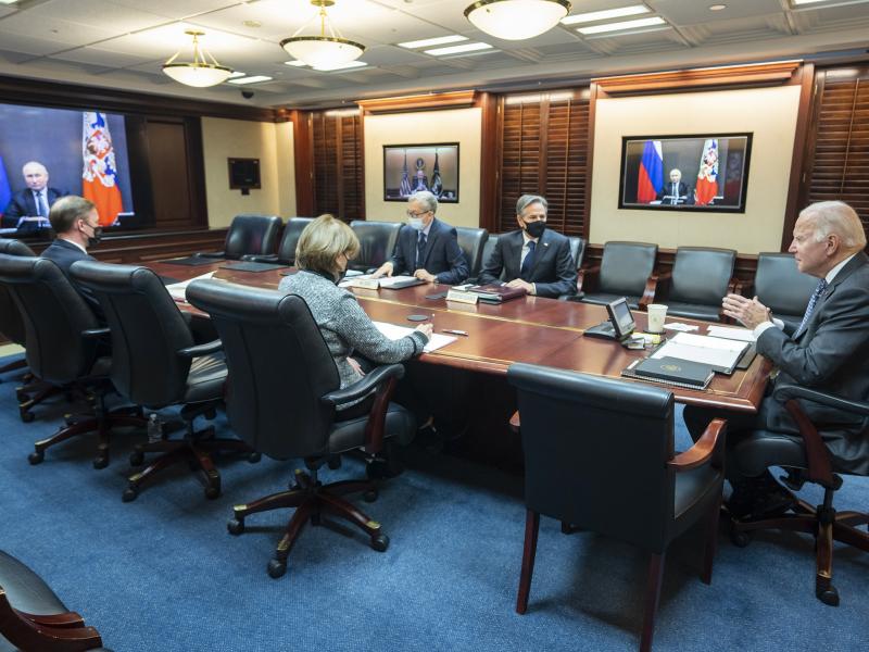 President Joe Biden speaks as he meets virtually via a secure video conference with Putin from the Situation Room at the White House on Dec. 7. Putin urged the West to make a legal pledge not to deploy forces and weapons to Ukraine. President Joe Biden speaks as he meets virtually via a secure video conference with Putin from the Situation Room at the White House on Dec. 7. Putin urged the West to make a legal pledge not to deploy forces and weapons to Ukraine.