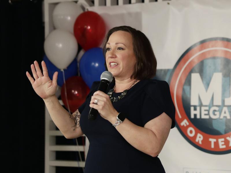Democratic U.S. Senate candidate MJ Hegar speaks to supporters in Austin, Texas, in March. Democratic U.S. Senate candidate MJ Hegar speaks to supporters in Austin, Texas, in March.