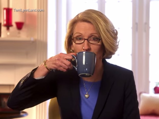 In this campaign ad, GOP candidate Terri Lynn Land sips coffee after asking the viewer to "think about" accusations that she's waging a war on women. In this campaign ad, GOP candidate Terri Lynn Land sips coffee after asking the viewer to "think about" accusations that she's waging a war on women.