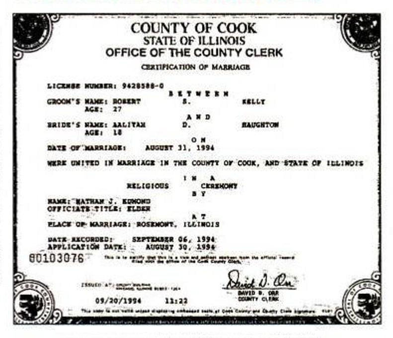 The marriage certificate, seen here in an image obtained by Chicago member station WBEZ, was issued by Cook County, Ill., in 1994. The marriage certificate, seen here in an image obtained by Chicago member station WBEZ, was issued by Cook County, Ill., in 1994.