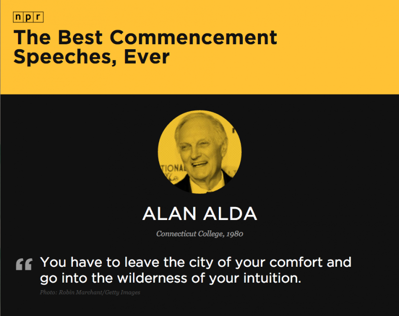 "You have to leave the city of your comfort and go into the wilderness of your intuition." – Alan Alda, from his commencement speech at Connecticut College in 1980. "You have to leave the city of your comfort and go into the wilderness of your intuition." – Alan Alda, from his commencement speech at Connecticut College in 1980.