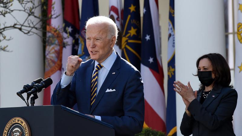 President Biden, with Vice President Harris behind him, speaks about the American Rescue Plan in the Rose Garden of the White House on Friday. President Biden, with Vice President Harris behind him, speaks about the American Rescue Plan in the Rose Garden of the White House on Friday.